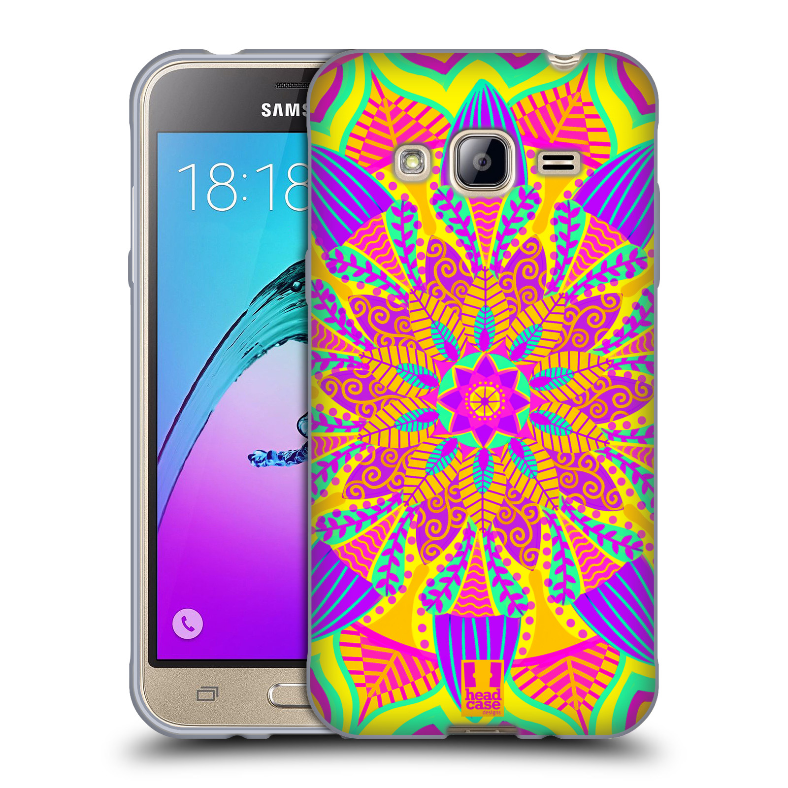 HEAD CASE silikonový obal na mobil Samsung Galaxy J3, J3 2016 vzor Indie Mandala květinový motiv VÝCHOD SLUNCE LIMETKOVÁ