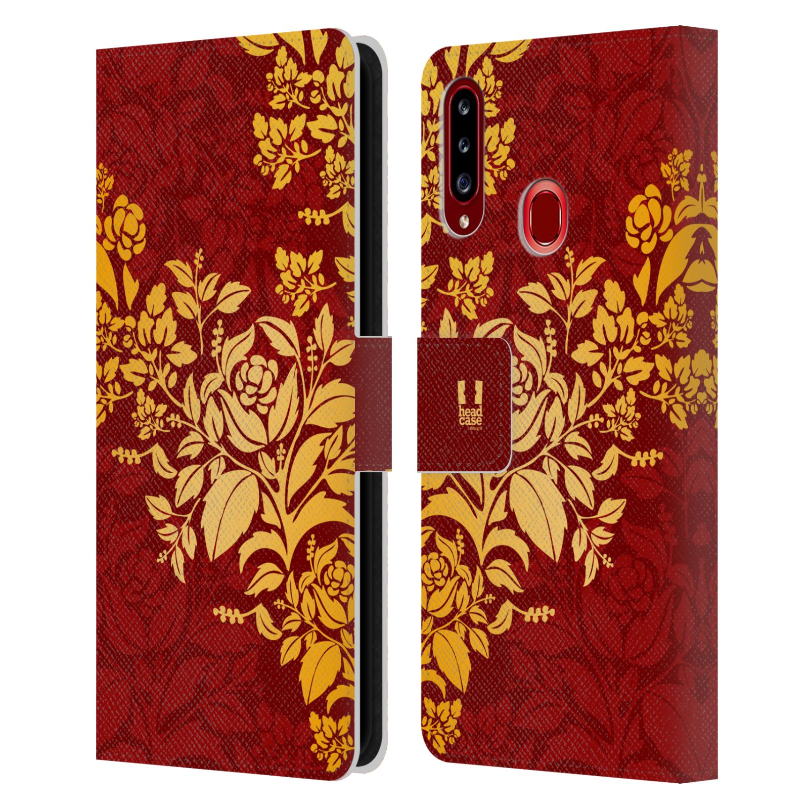 HEAD CASE Flipové pouzdro pro mobil Samsung Galaxy A20s moderní baroko rudá a zlatá