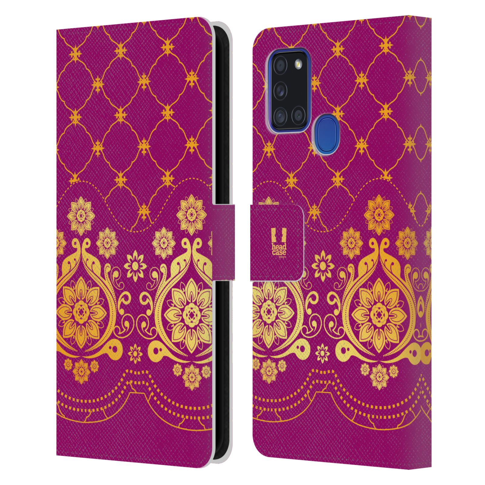 HEAD CASE Flipové pouzdro pro mobil Samsung Galaxy A21s moderní baroko tmavě růžová a zlatá