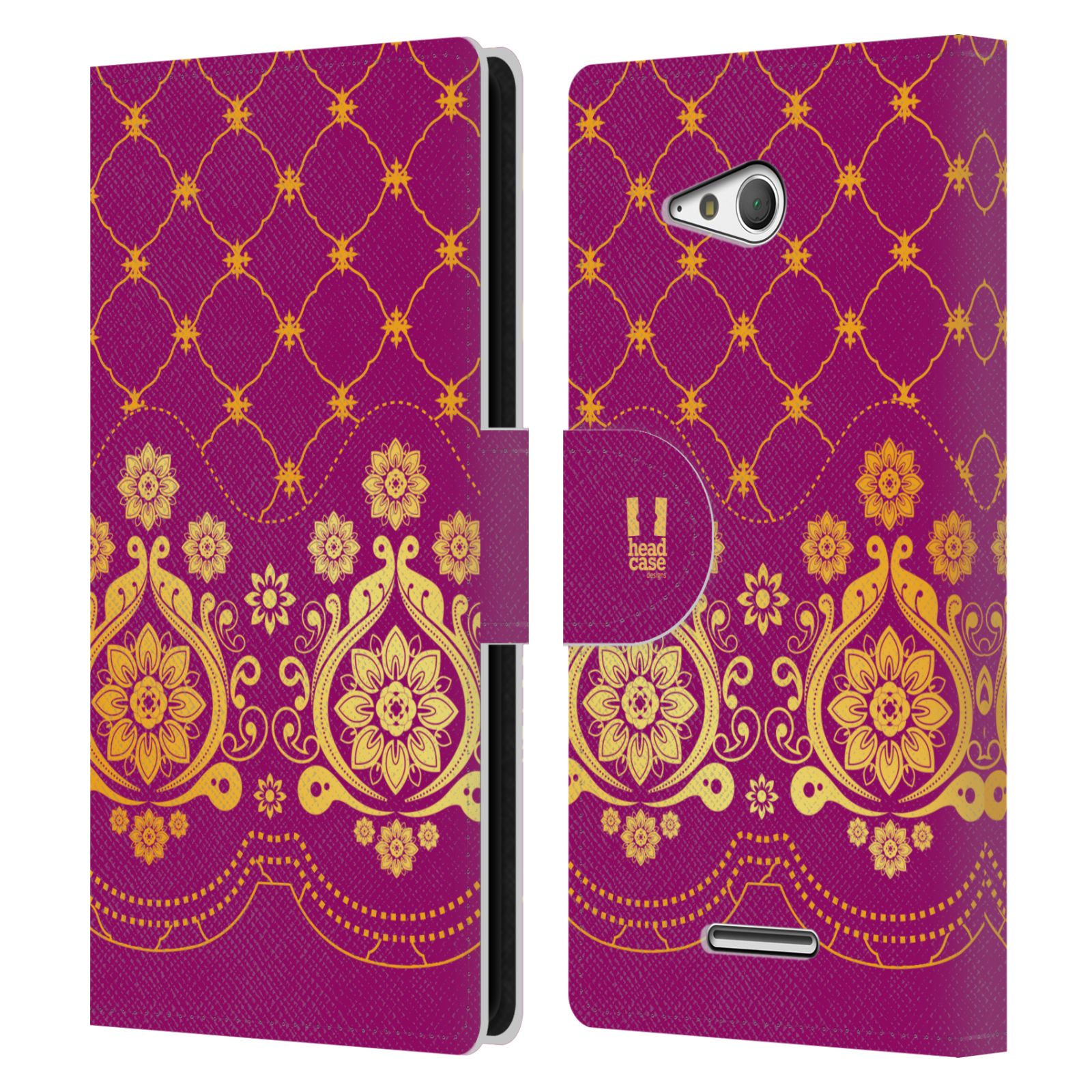 HEAD CASE Flipové pouzdro pro mobil SONY XPERIA E4g moderní baroko tmavě růžová a zlatá