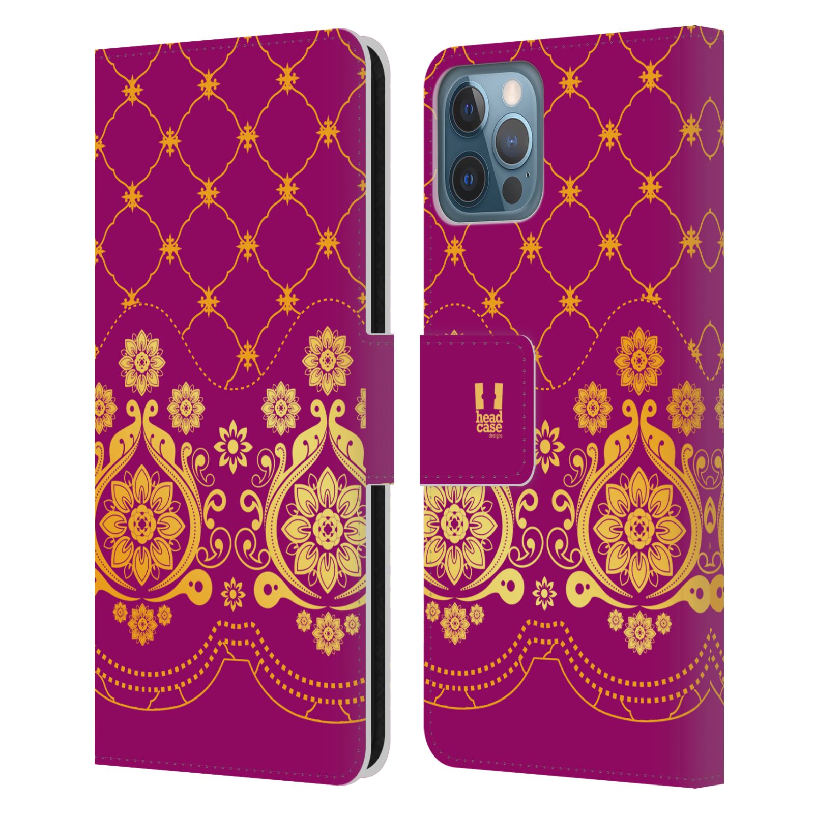 HEAD CASE Flipové pouzdro pro mobil Apple Iphone 12 / Iphone 12 PRO moderní baroko tmavě růžová a zlatá