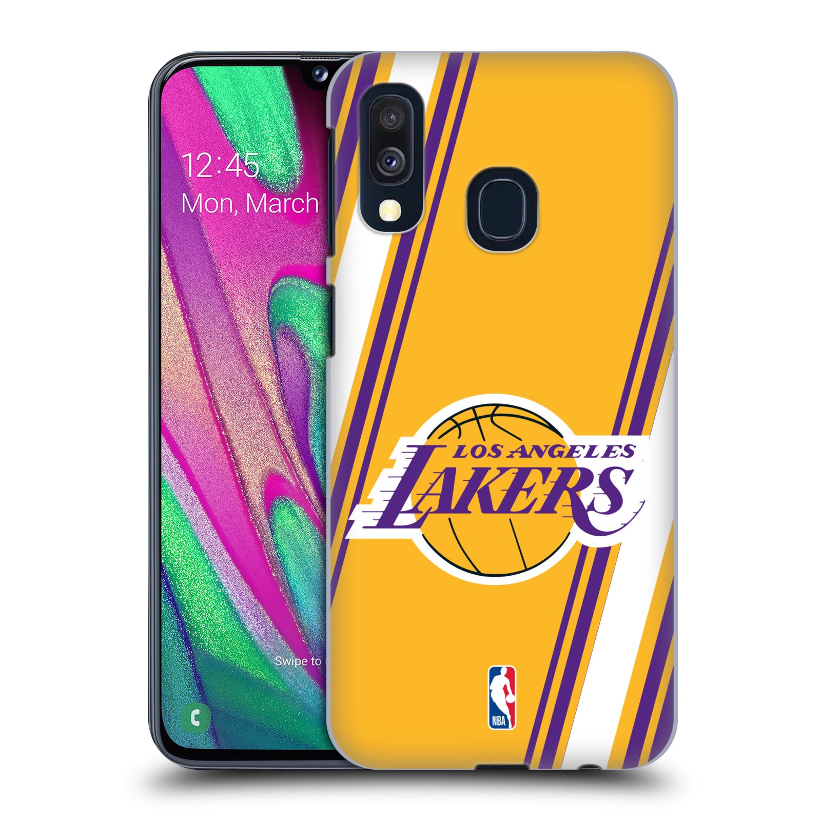 Pouzdro na mobil Samsung Galaxy A40 - HEAD CASE - NBA Basketbalový klub Los Angeles Lakers žlutá barva pruhy