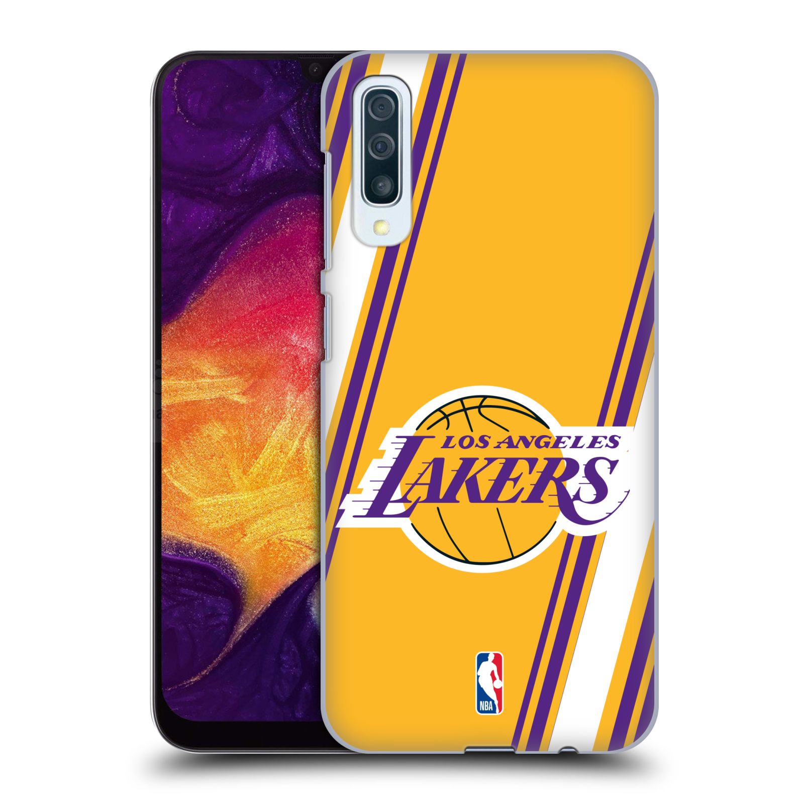 POUZDRO A OBAL NA MOBIL - Pouzdro na mobil Samsung Galaxy A50 - HEAD CASE - NBA Basketbalový klub Los Angeles Lakers žlutá barva pruhy - Pouzdra, obaly, kryty a tvrzená skla na mobilní telefony