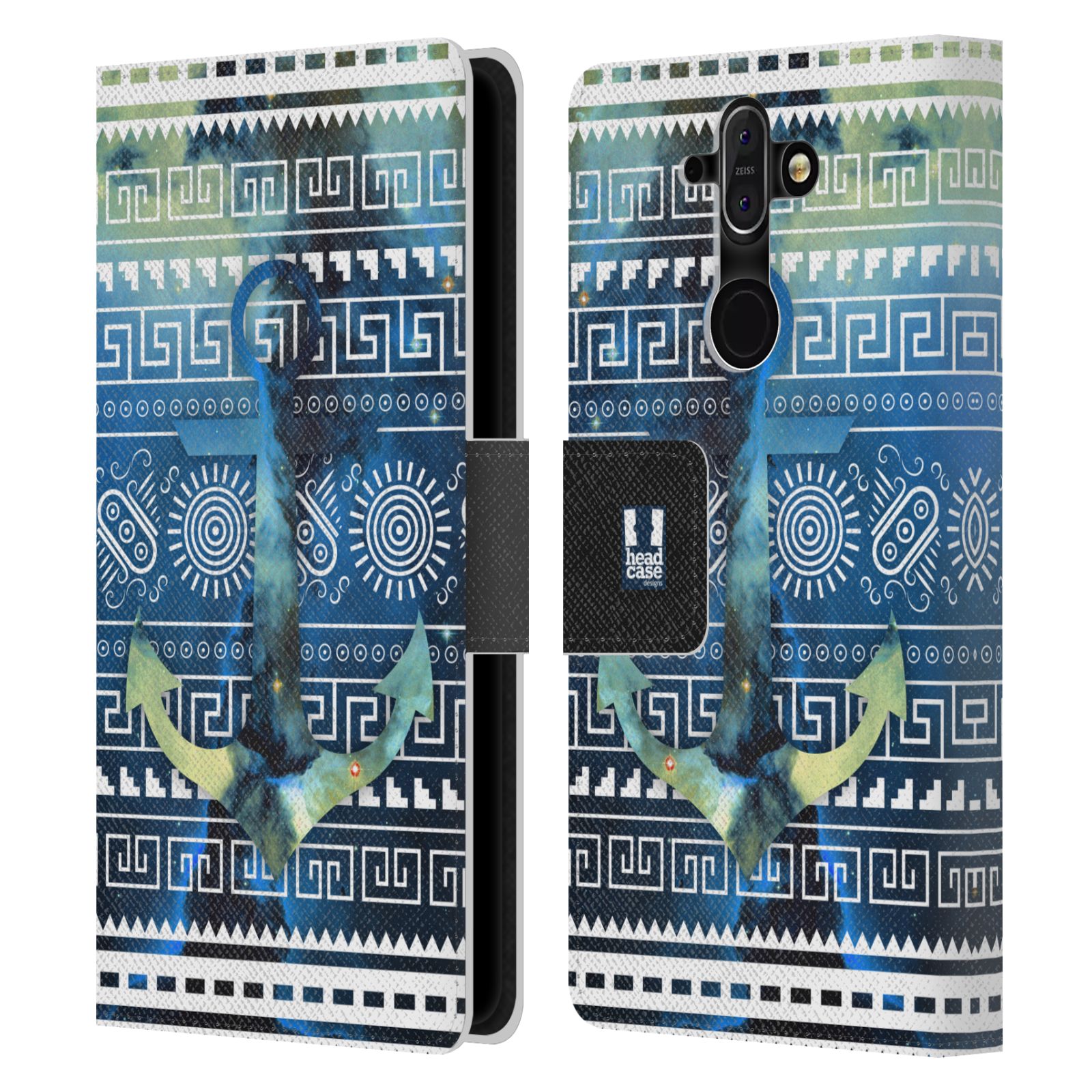 HEAD CASE Flipové pouzdro pro mobil Nokia 8 SIROCCO aztécký motiv vesmírná mlhovina modrá kotva