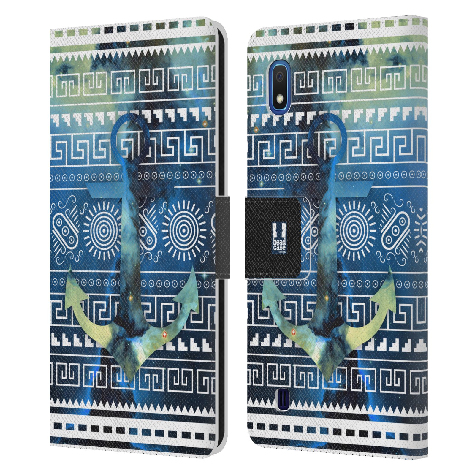 Pouzdro na mobil Samsung Galaxy A10 aztécký motiv vesmírná mlhovina modrá kotva