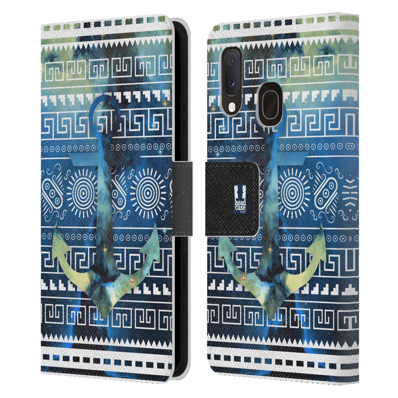 Pouzdro na mobil Samsung Galaxy A20e aztécký motiv vesmírná mlhovina modrá kotva