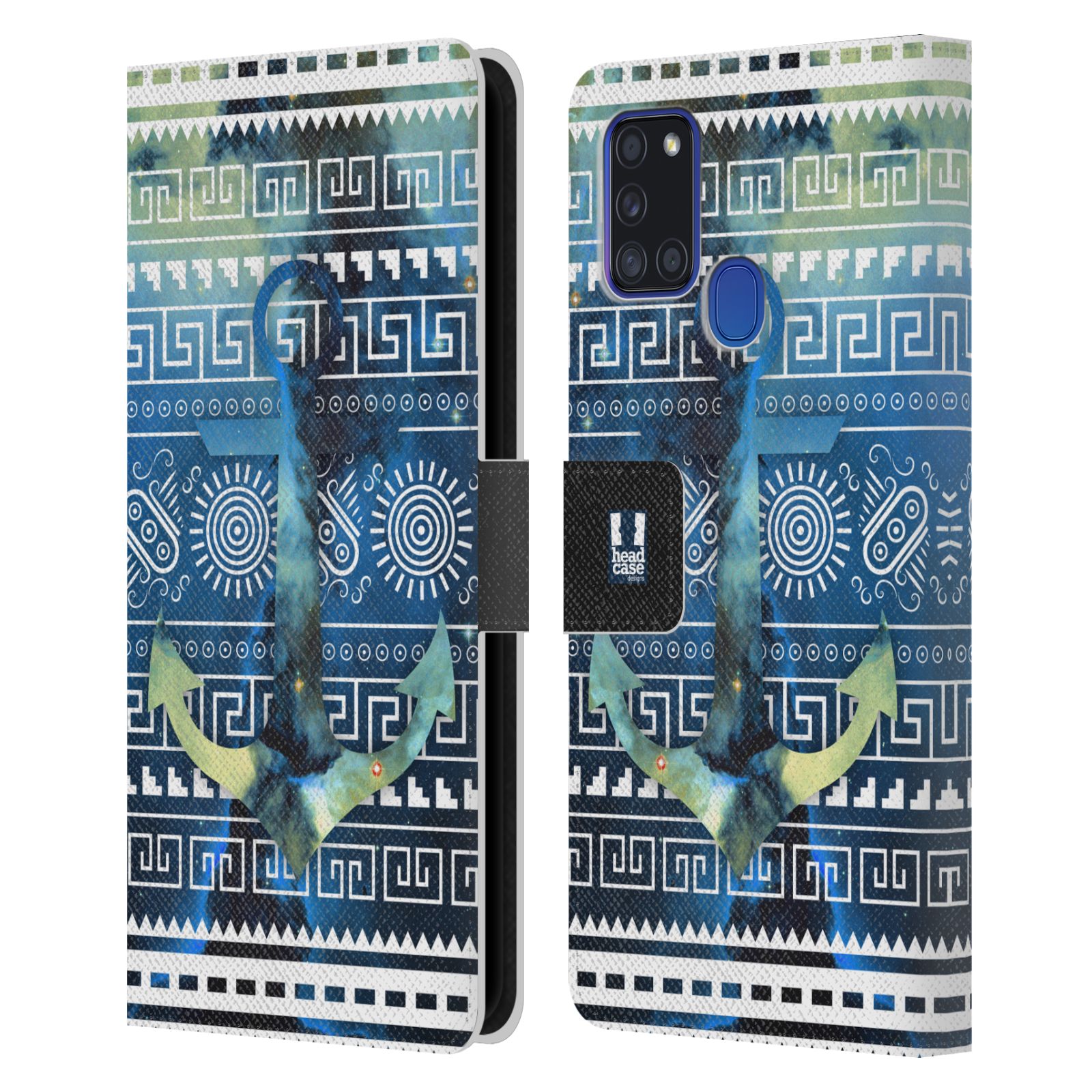 HEAD CASE Flipové pouzdro pro mobil Samsung Galaxy A21s aztécký motiv vesmírná mlhovina modrá kotva