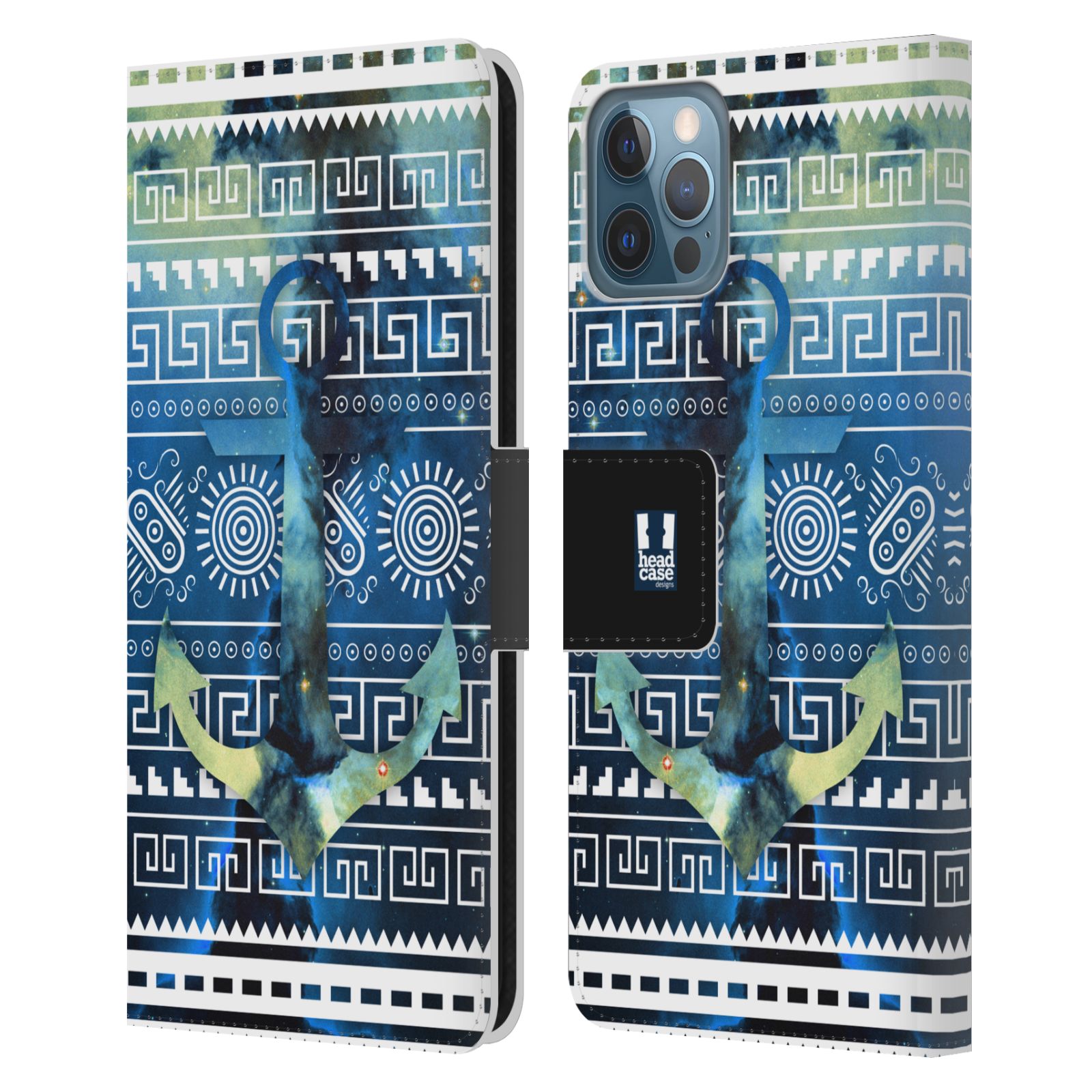 HEAD CASE Flipové pouzdro pro mobil Apple Iphone 12 / Iphone 12 PRO aztécký motiv vesmírná mlhovina modrá kotva