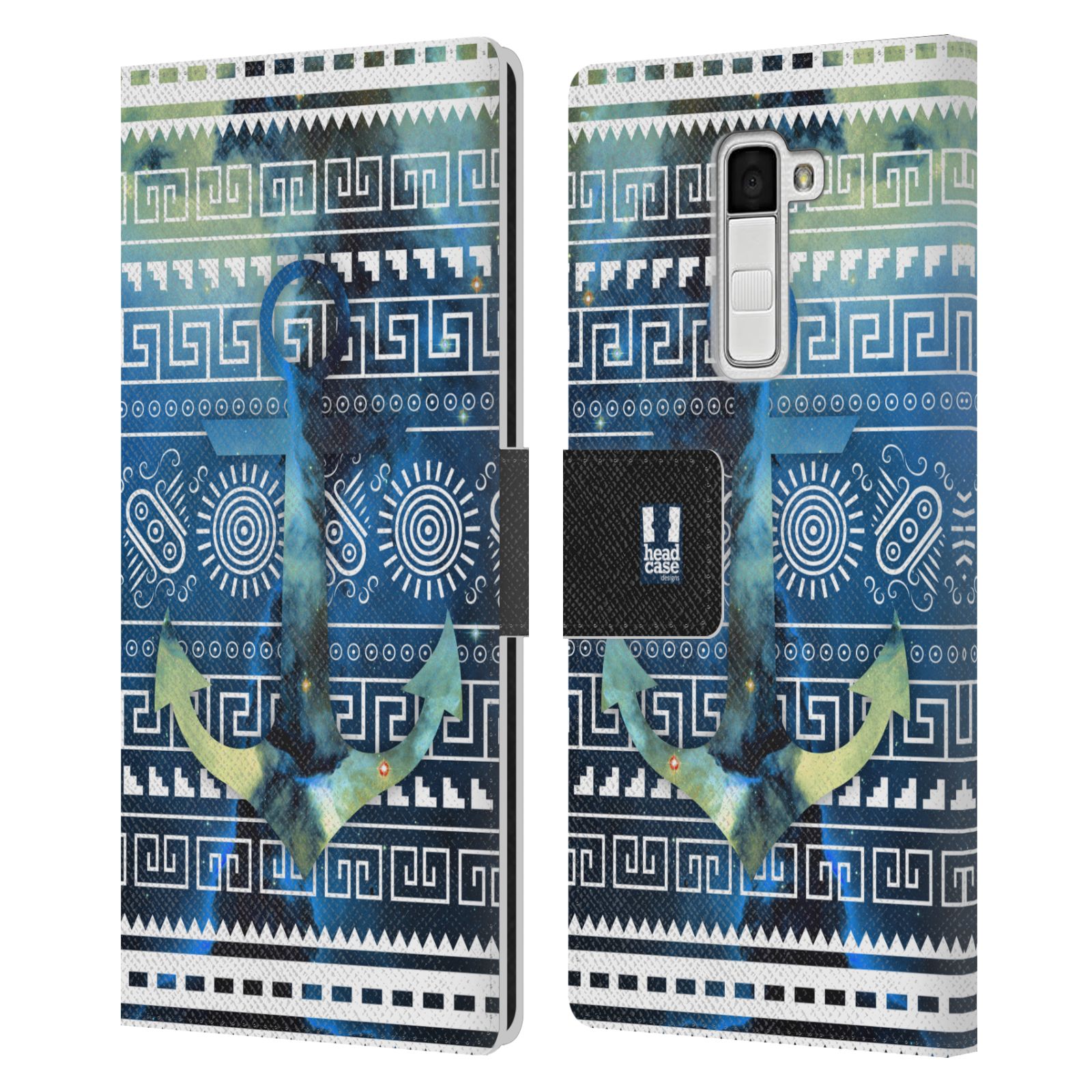 HEAD CASE Flipové pouzdro pro mobil LG K10 aztécký motiv vesmírná mlhovina modrá kotva