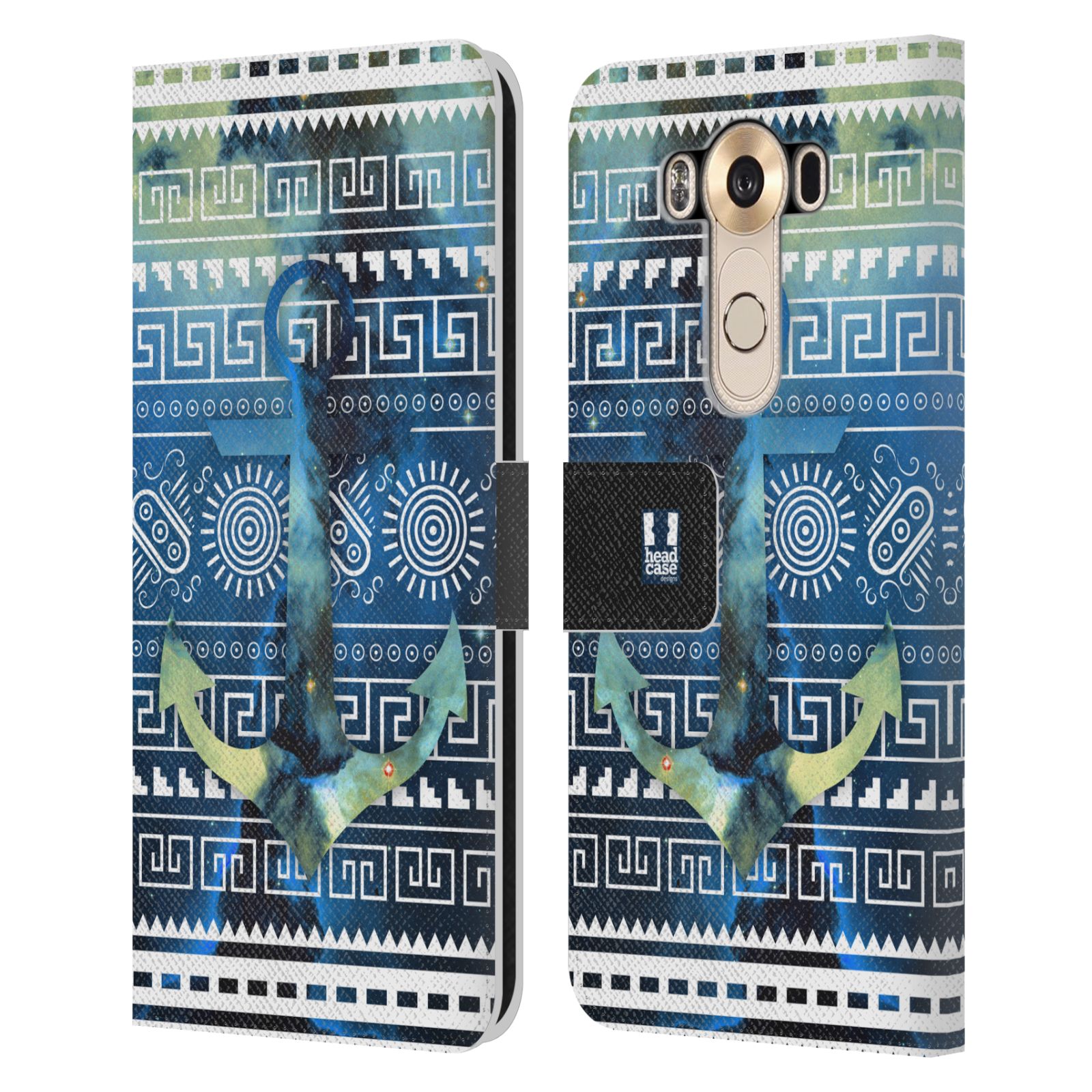 HEAD CASE Flipové pouzdro pro mobil LG V10 aztécký motiv vesmírná mlhovina modrá kotva