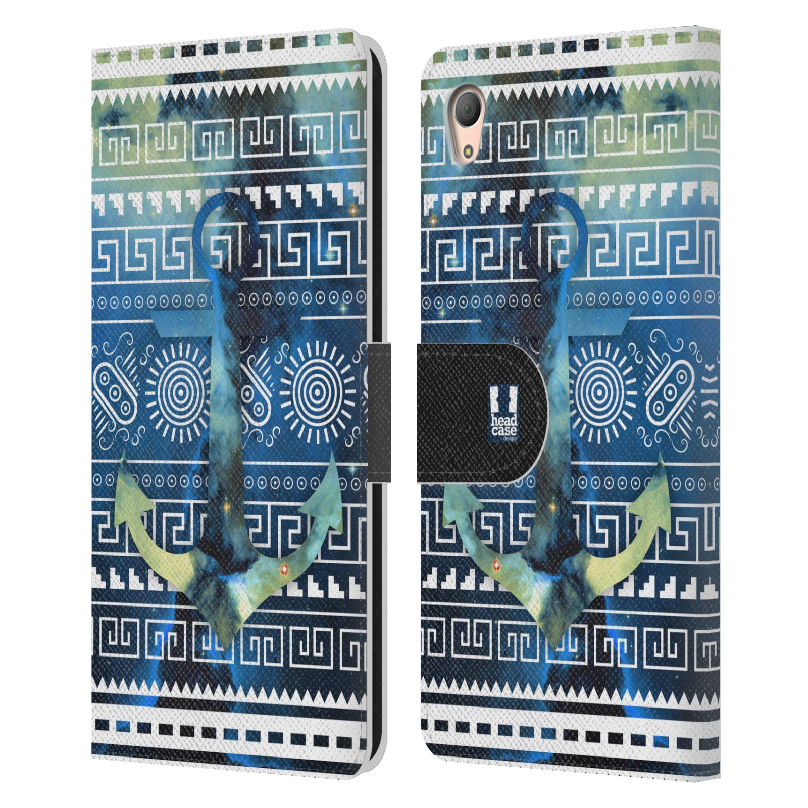 HEAD CASE Flipové pouzdro pro mobil SONY XPERIA Z3+ (PLUS) aztécký motiv vesmírná mlhovina modrá kotva