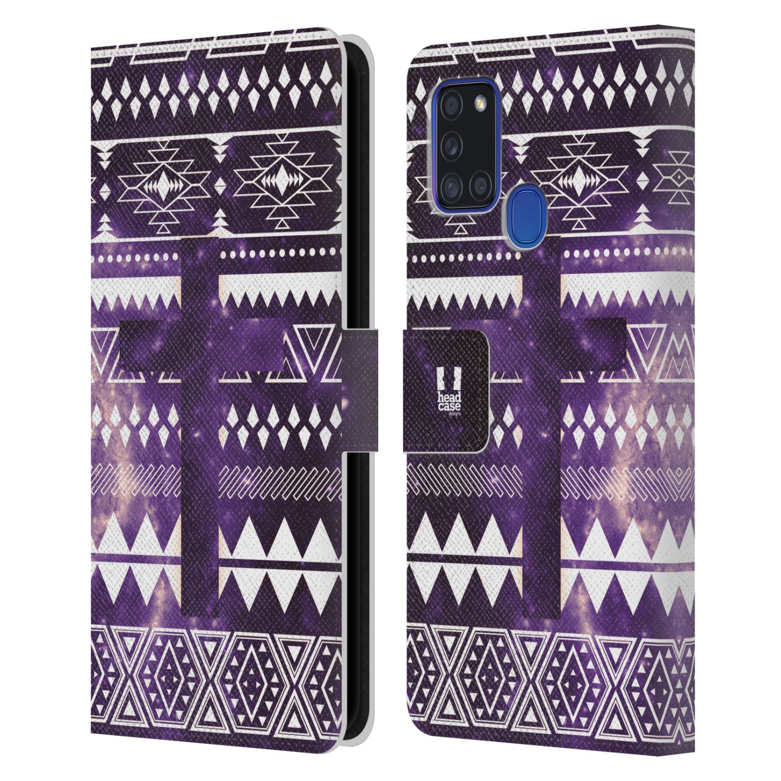 HEAD CASE Flipové pouzdro pro mobil Samsung Galaxy A21s aztécký motiv vesmírná mlovina kříž fialová
