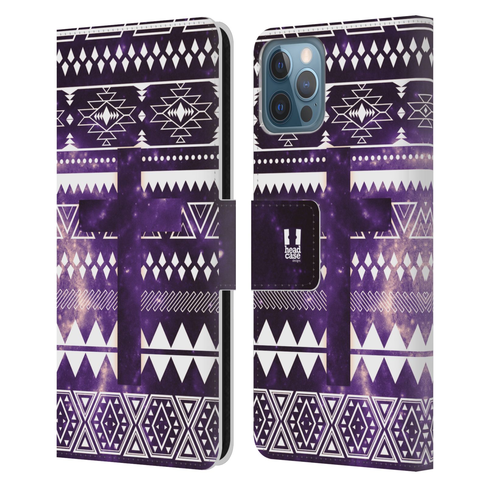 HEAD CASE Flipové pouzdro pro mobil Apple Iphone 12 / Iphone 12 PRO aztécký motiv vesmírná mlovina kříž fialová
