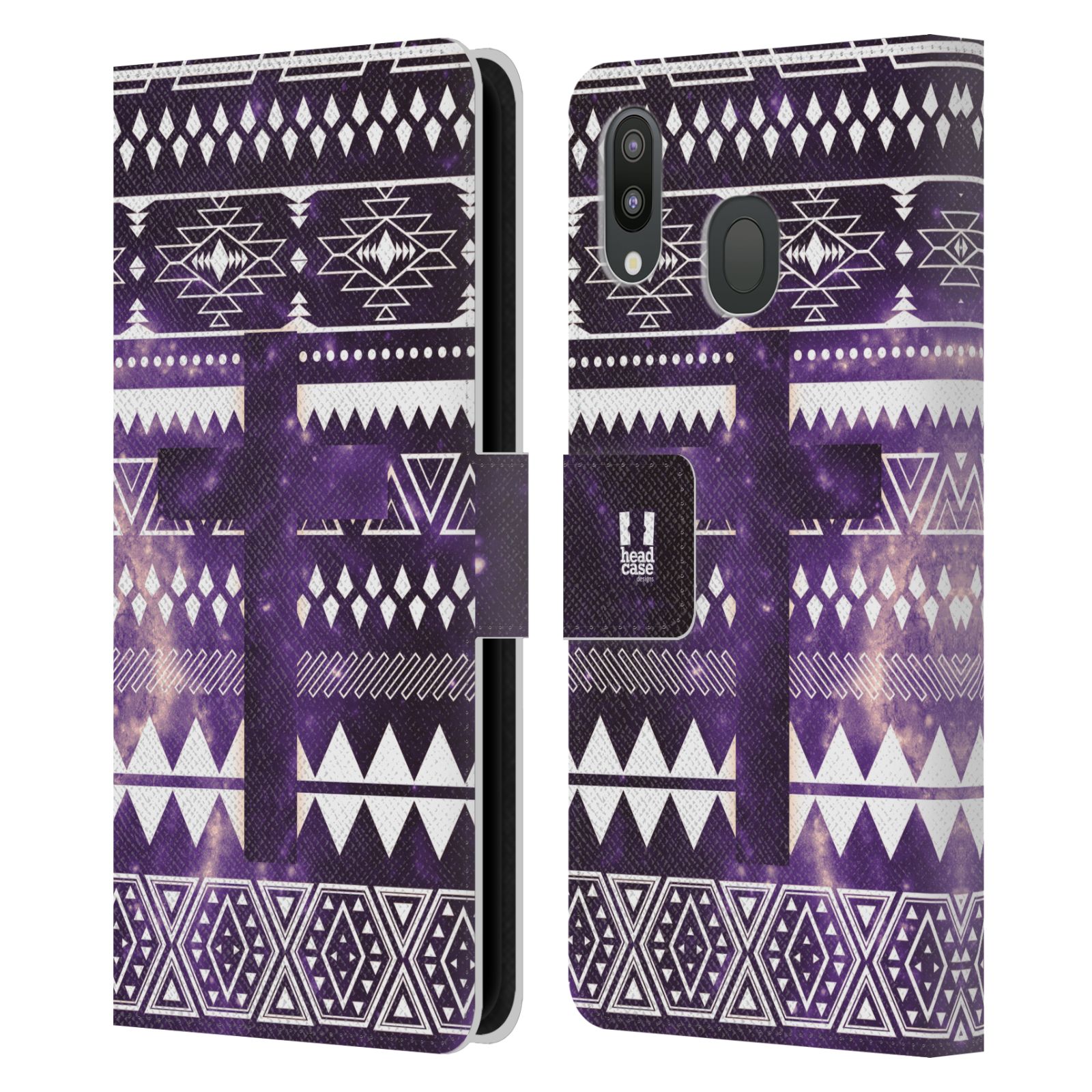 Pouzdro na mobil Samsung Galaxy M20 aztécký motiv vesmírná mlovina kříž fialová
