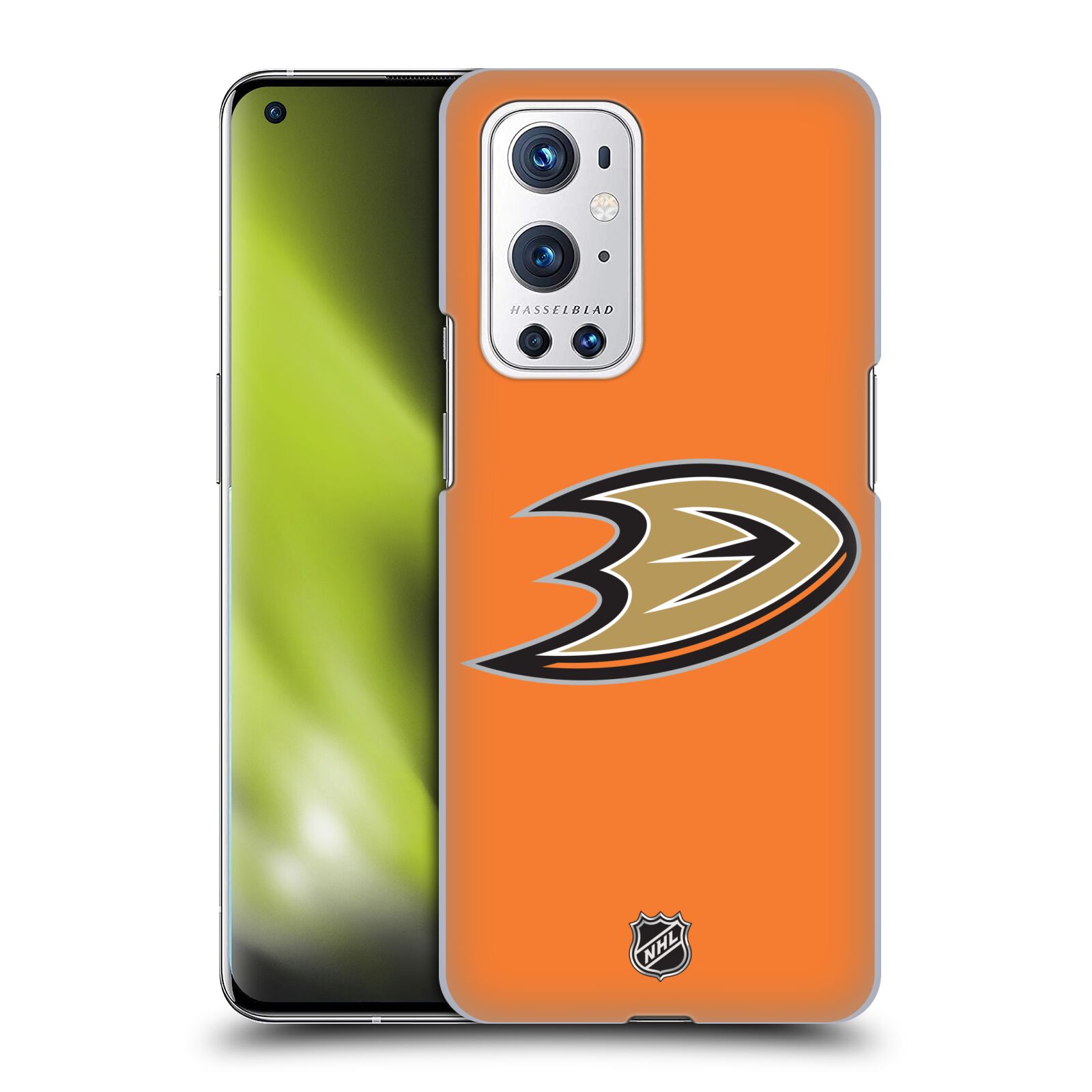 Pouzdro na mobil OnePlus 9 PRO - HEAD CASE - Hokej NHL - Anaheim Ducks - Oranžové pozadí