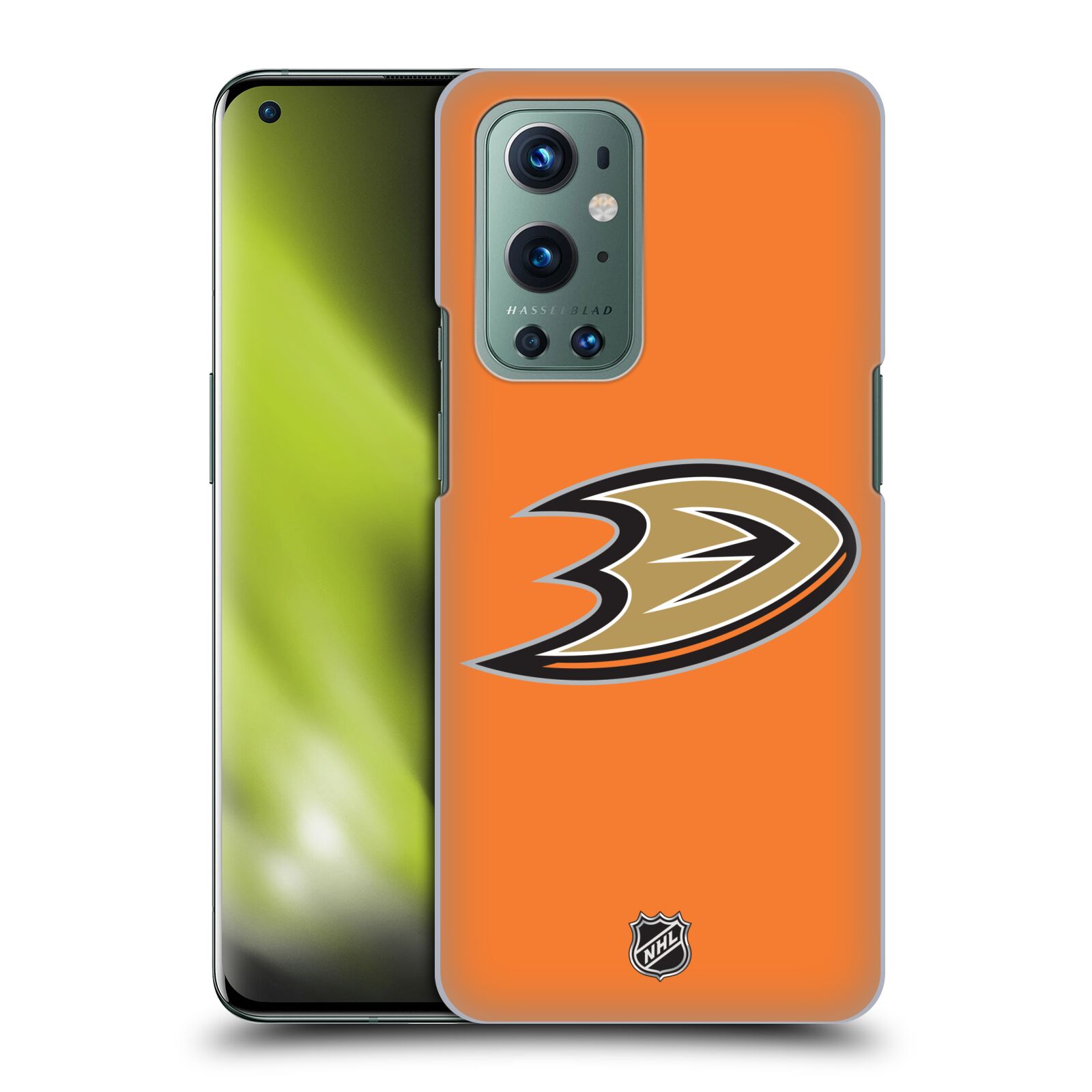 Pouzdro na mobil OnePlus 9 - HEAD CASE - Hokej NHL - Anaheim Ducks - Oranžové pozadí