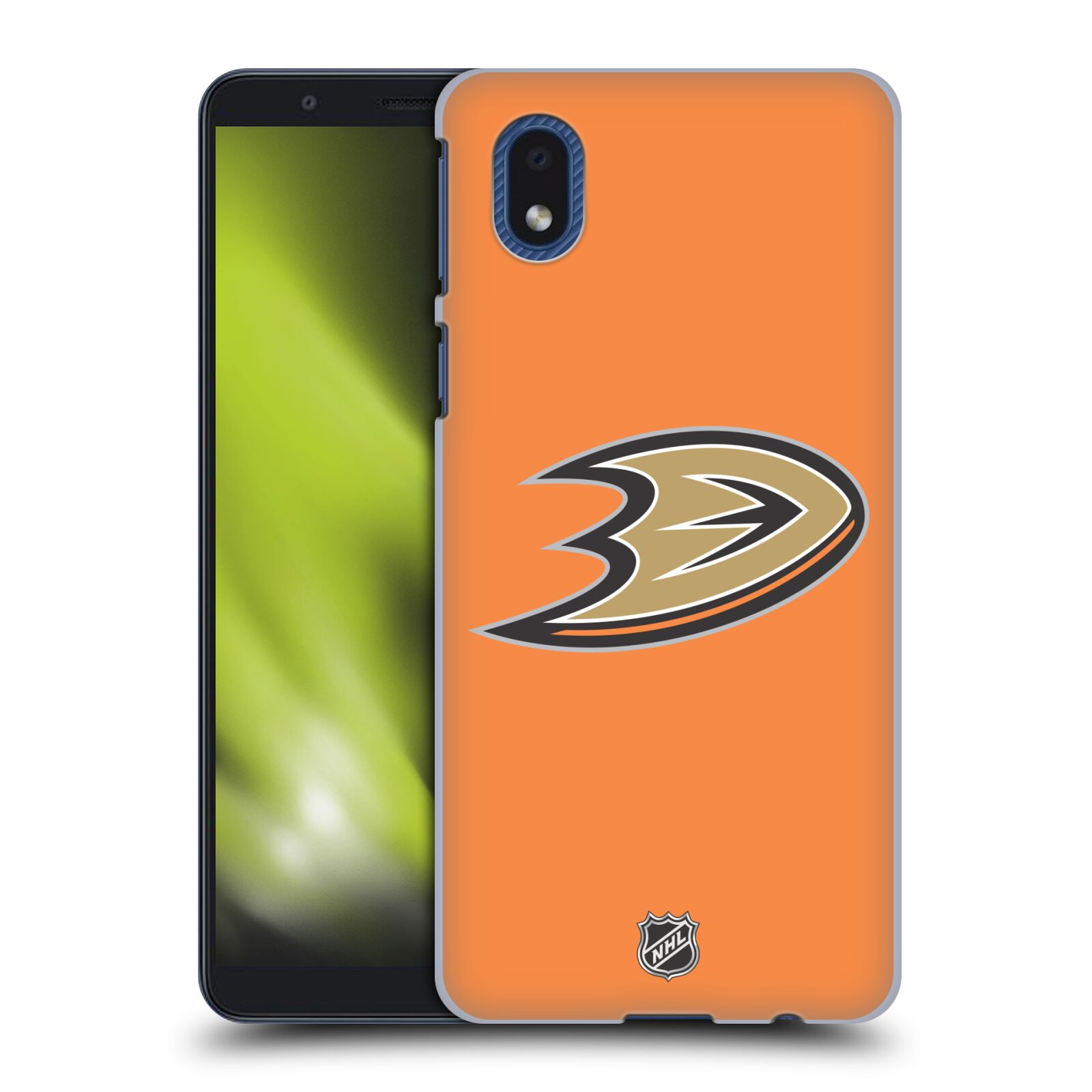 Pouzdro na mobil Samsung Galaxy A01 CORE - HEAD CASE - Hokej NHL - Anaheim Ducks - Oranžové pozadí