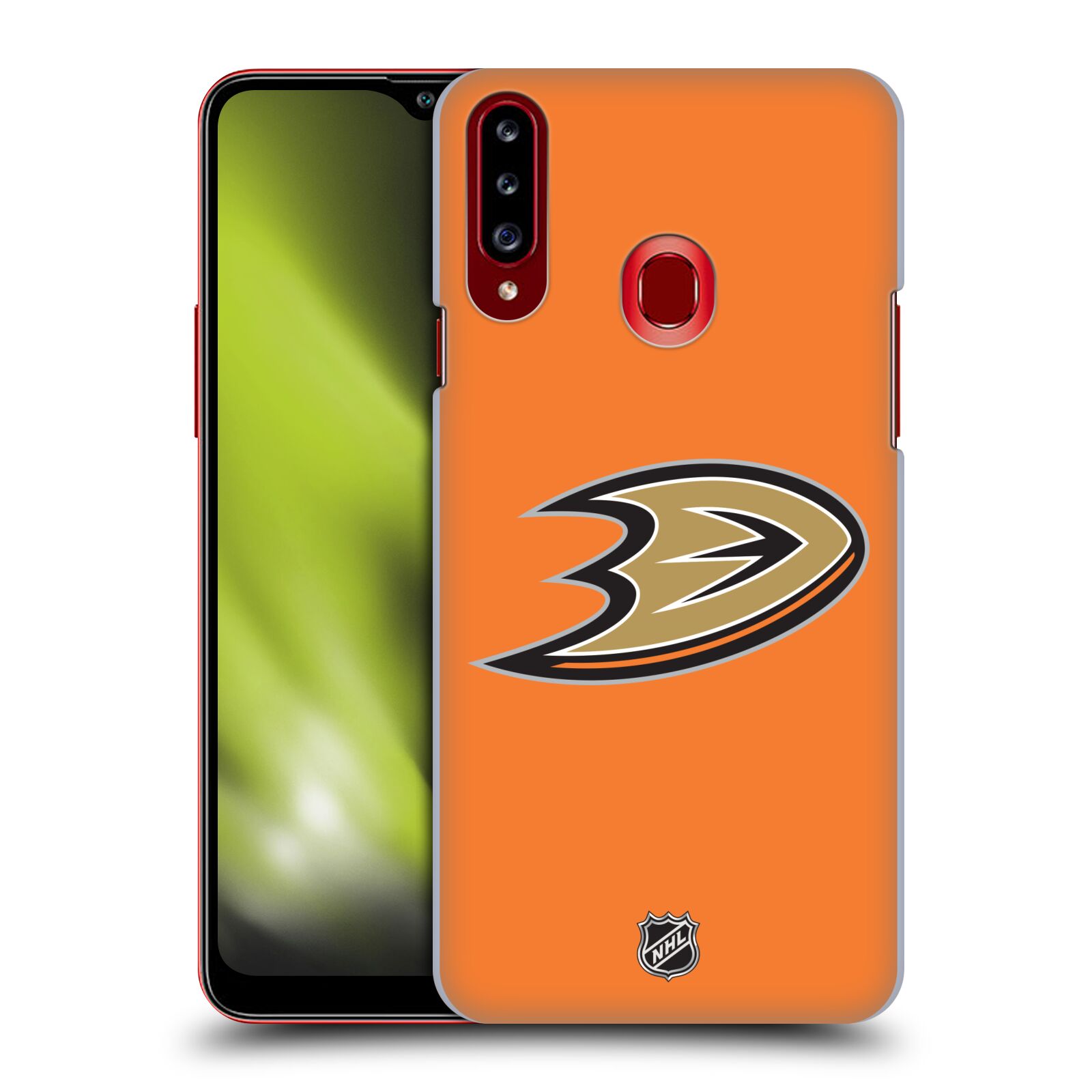 Pouzdro na mobil Samsung Galaxy A20s - HEAD CASE - Hokej NHL - Anaheim Ducks - Oranžové pozadí
