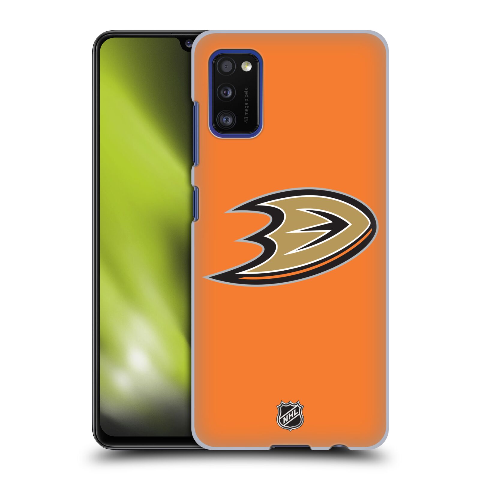 Pouzdro na mobil Samsung Galaxy A41 - HEAD CASE - Hokej NHL - Anaheim Ducks - Oranžové pozadí