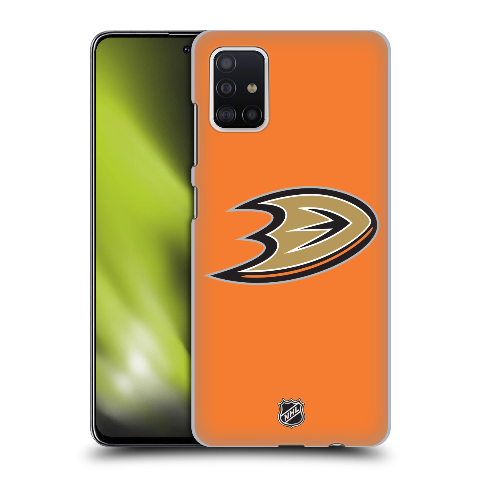 Pouzdro na mobil Samsung Galaxy A51 - HEAD CASE - Hokej NHL - Anaheim Ducks - Oranžové pozadí