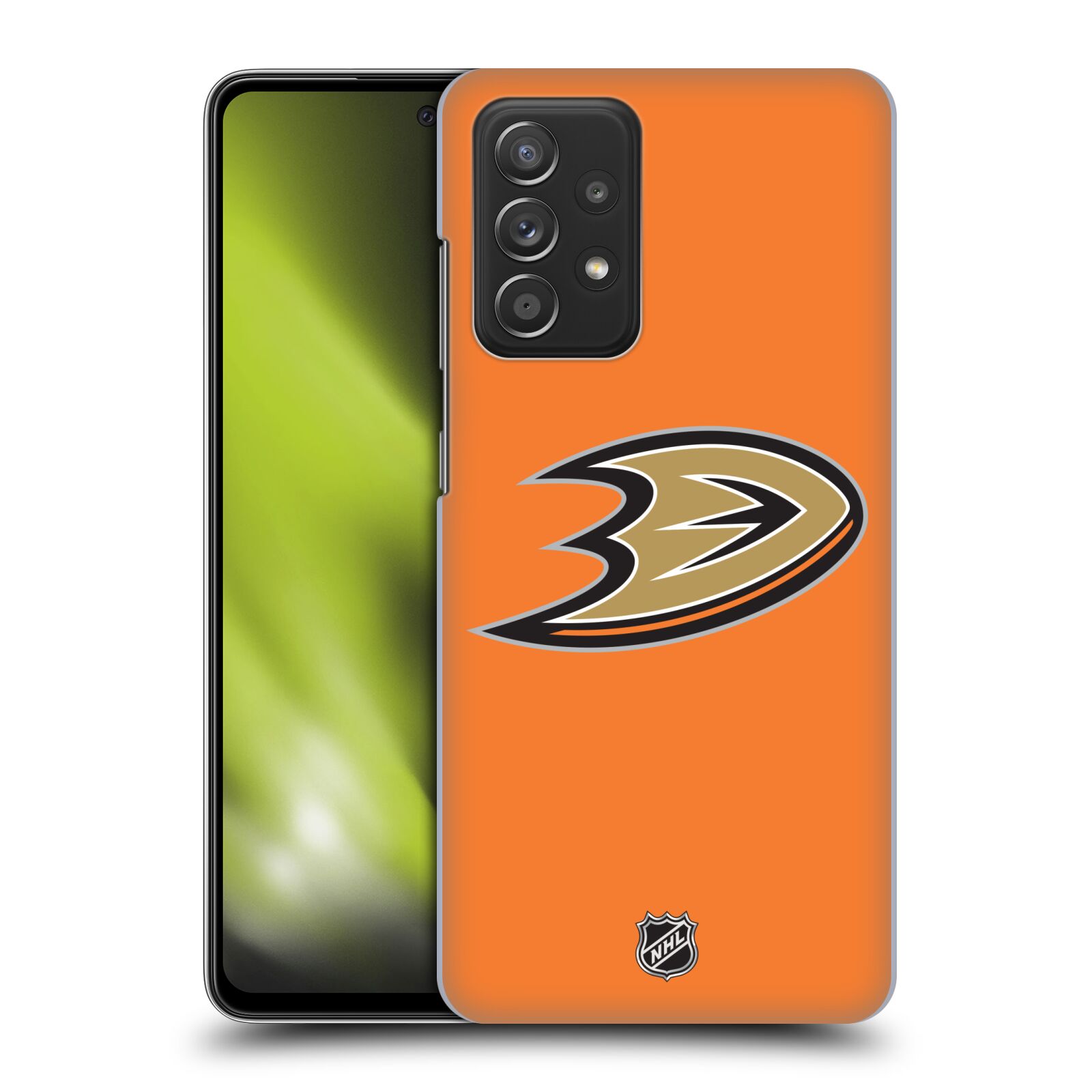 Pouzdro na mobil Samsung Galaxy A52 / A52 5G / A52s 5G - HEAD CASE - Hokej NHL - Anaheim Ducks - Oranžové pozadí
