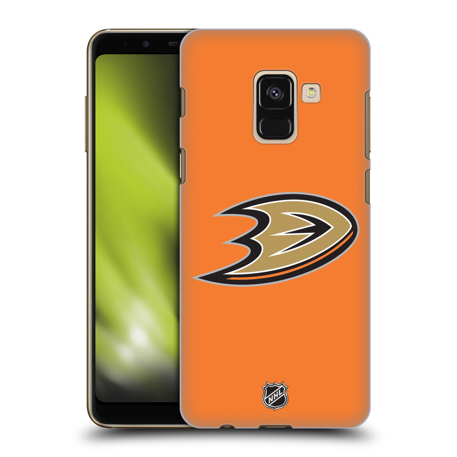 Pouzdro na mobil Samsung Galaxy A8+ 2018, A8 PLUS 2018 - HEAD CASE - Hokej NHL - Anaheim Ducks - Oranžové pozadí