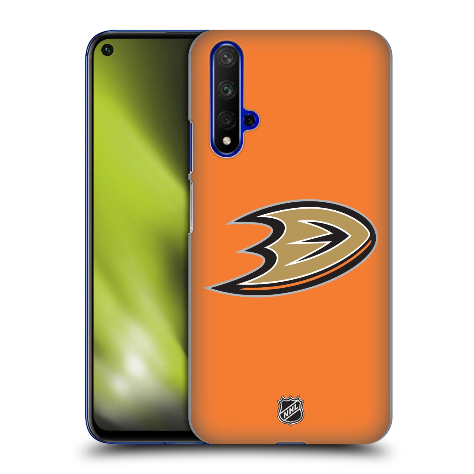 Pouzdro na mobil HONOR 20 - HEAD CASE - Hokej NHL - Anaheim Ducks - Oranžové pozadí