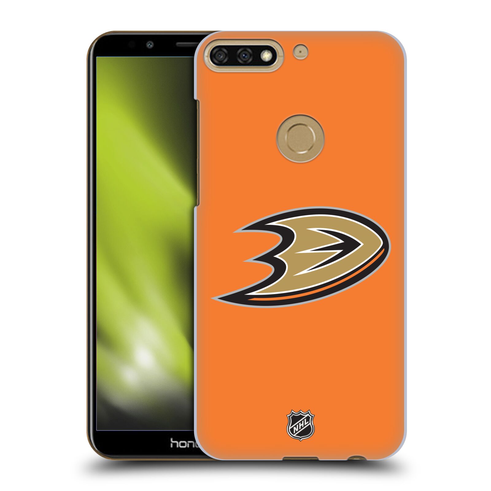 Pouzdro na mobil HONOR 7C - HEAD CASE - Hokej NHL - Anaheim Ducks - Oranžové pozadí