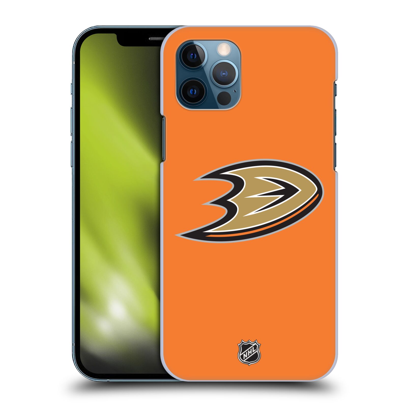 Pouzdro na mobil Apple Iphone 12 / 12 PRO - HEAD CASE - Hokej NHL - Anaheim Ducks - Oranžové pozadí