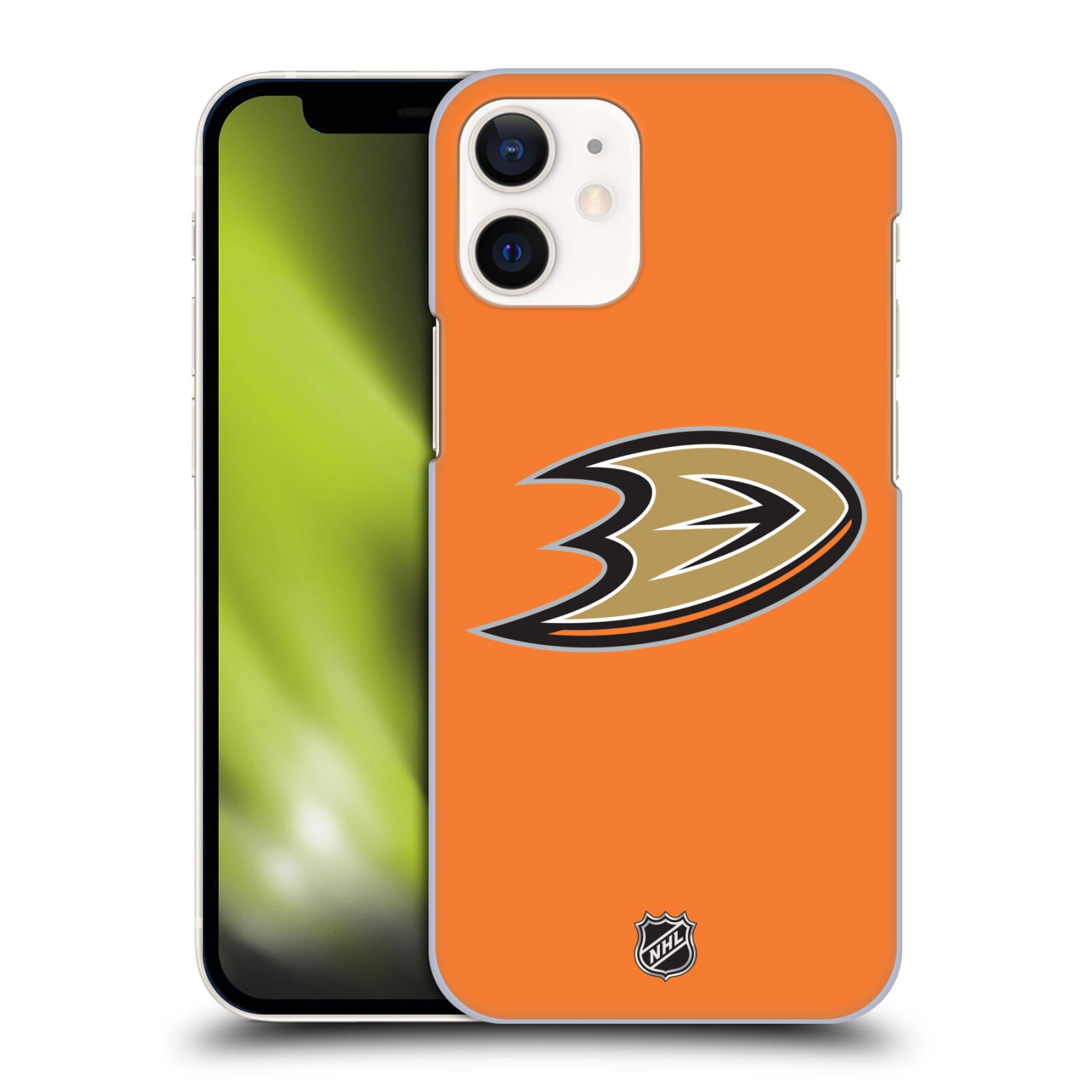 Pouzdro na mobil Apple Iphone 12 MINI - HEAD CASE - Hokej NHL - Anaheim Ducks - Oranžové pozadí