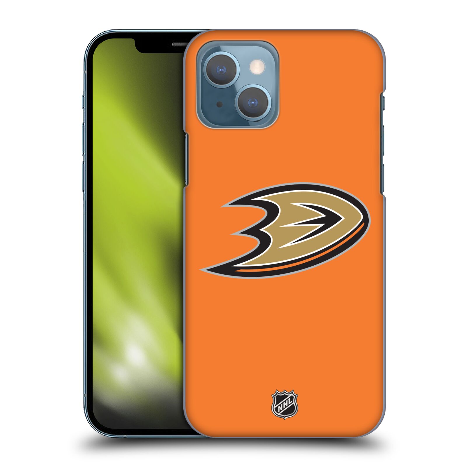 Pouzdro na mobil Apple Iphone 13 - HEAD CASE - Hokej NHL - Anaheim Ducks - Oranžové pozadí