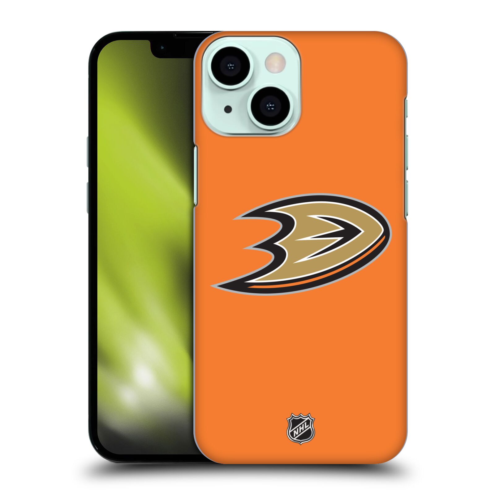 Pouzdro na mobil Apple Iphone 13 MINI - HEAD CASE - Hokej NHL - Anaheim Ducks - Oranžové pozadí