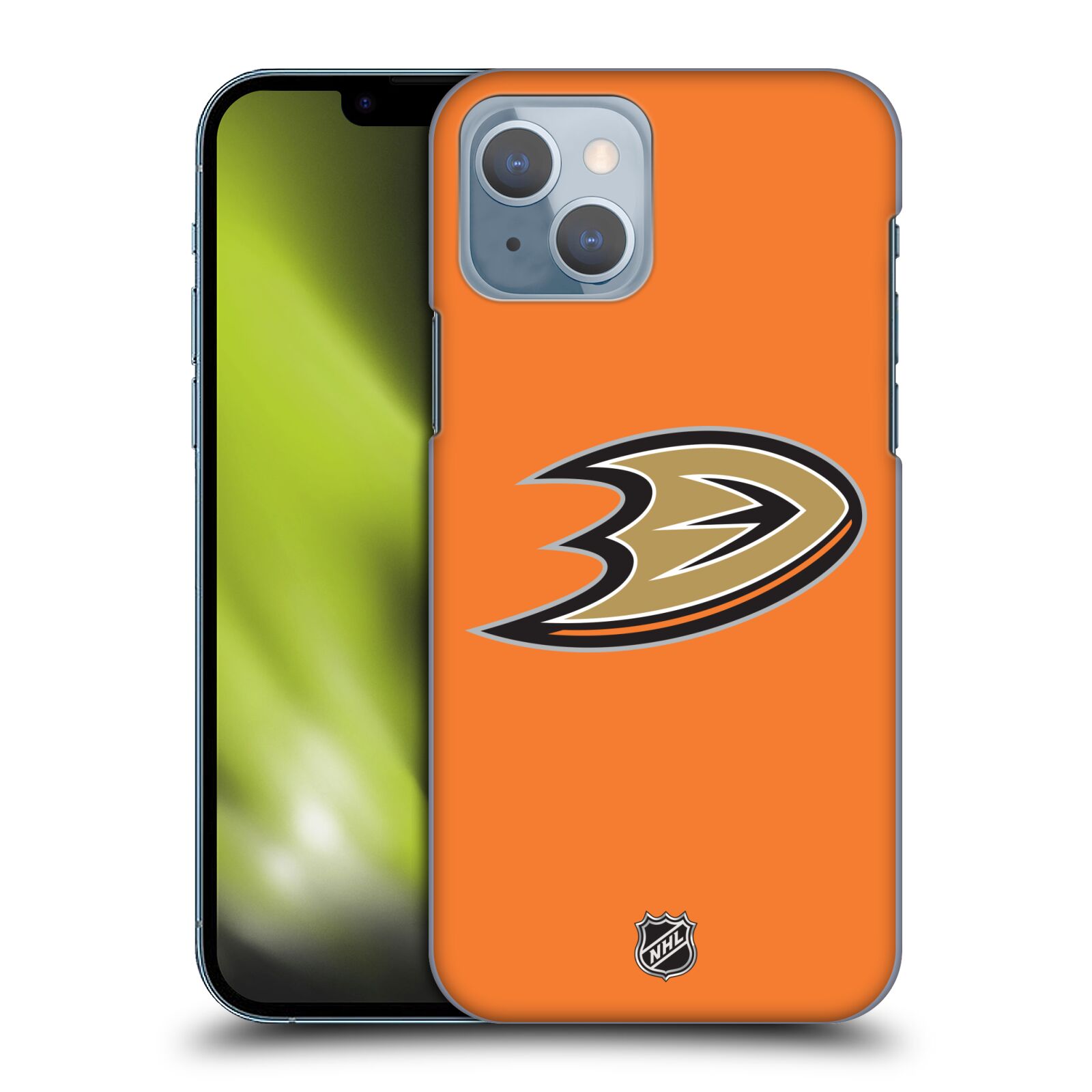 Pouzdro na mobil Apple Iphone 14 - HEAD CASE - Hokej NHL - Anaheim Ducks - Oranžové pozadí