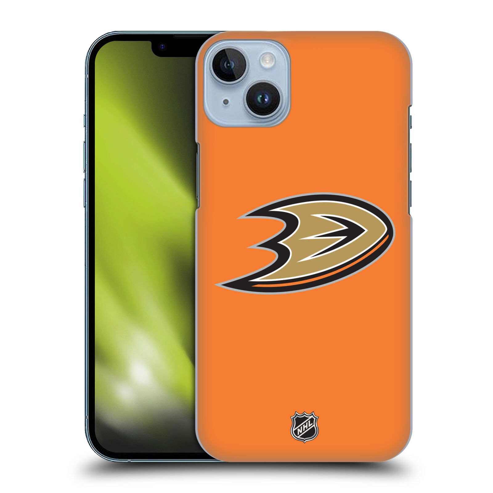 Pouzdro na mobil Apple Iphone 14 PLUS - HEAD CASE - Hokej NHL - Anaheim Ducks - Oranžové pozadí