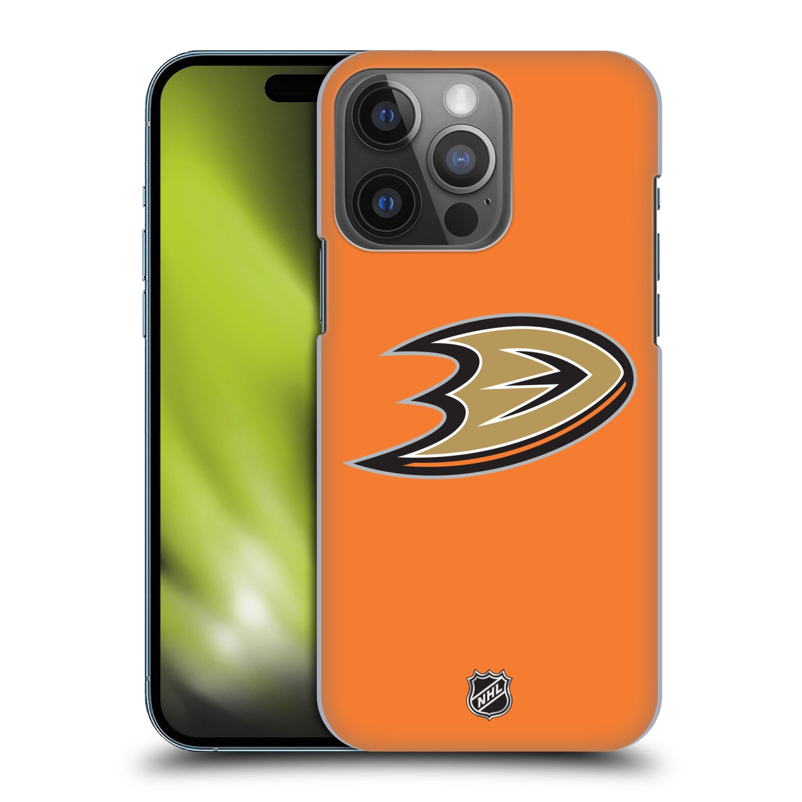 Pouzdro na mobil Apple Iphone 14 PRO - HEAD CASE - Hokej NHL - Anaheim Ducks - Oranžové pozadí