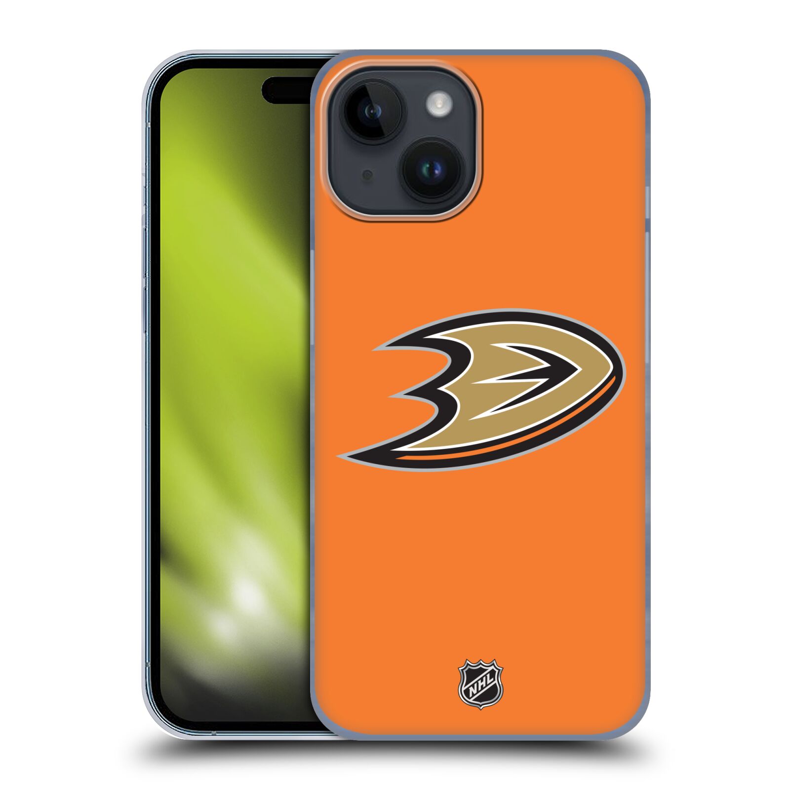Plastový obal HEAD CASE na mobil Apple Iphone 15  Hokej NHL - Anaheim Ducks - Oranžové pozadí