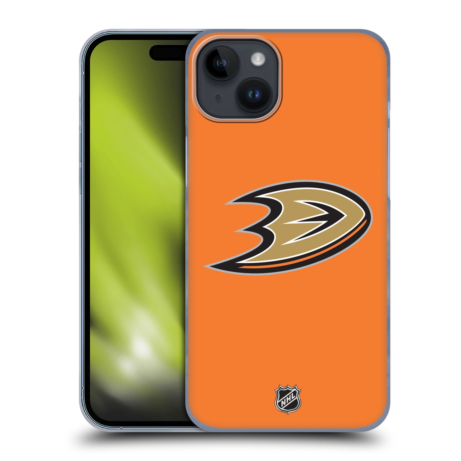 Plastový obal HEAD CASE na mobil Apple Iphone 15 PLUS  Hokej NHL - Anaheim Ducks - Oranžové pozadí