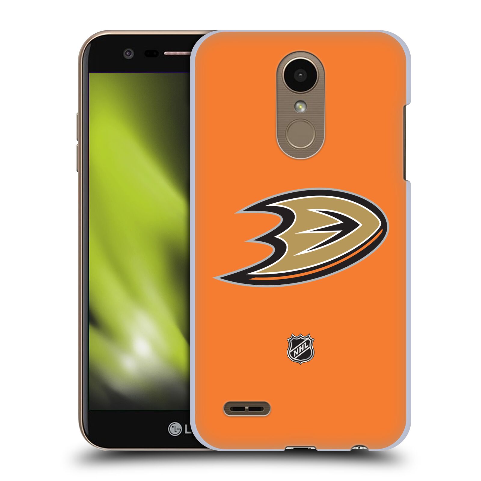 Pouzdro na mobil LG K10 2018 - HEAD CASE - Hokej NHL - Anaheim Ducks - Oranžové pozadí