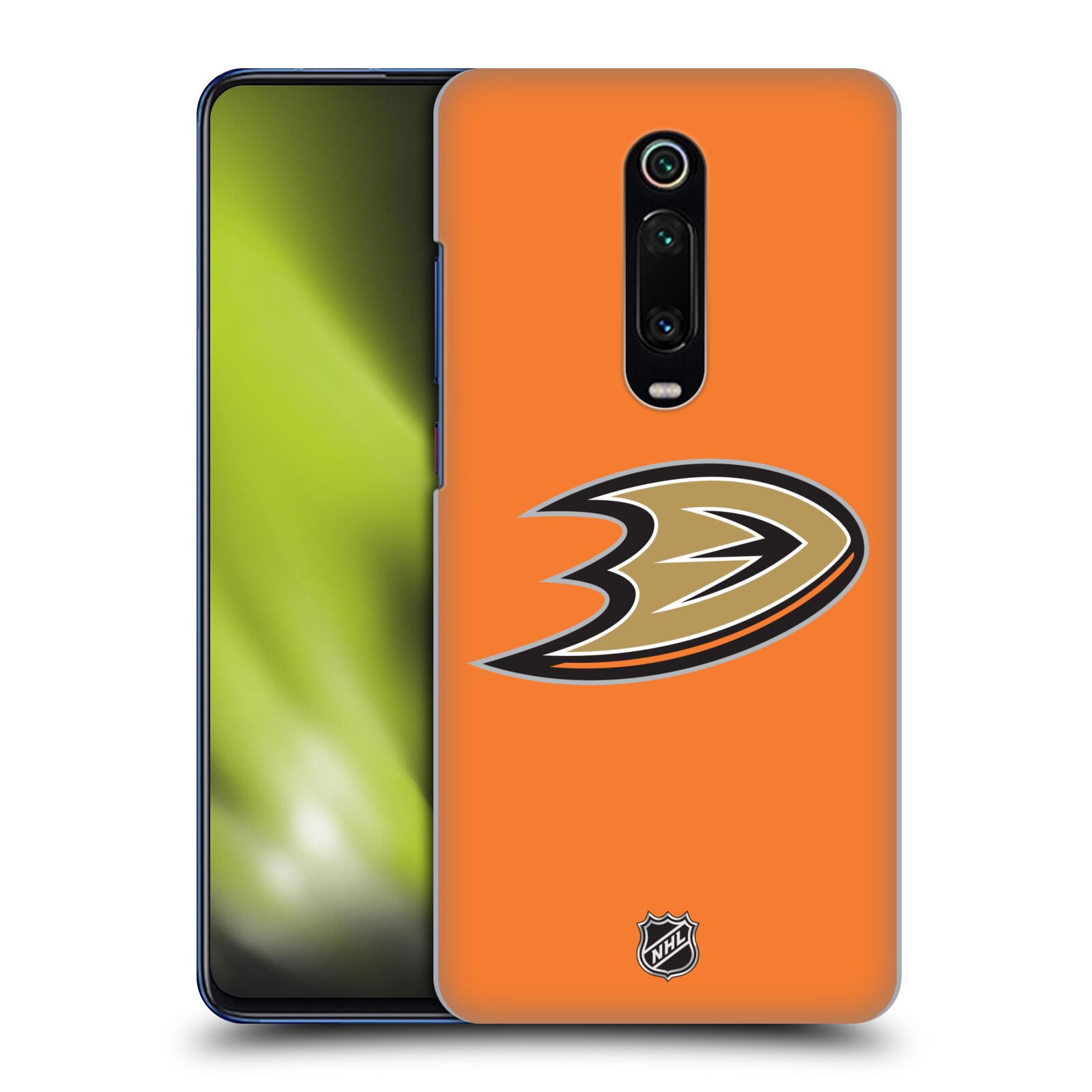 Pouzdro na mobil Xiaomi Mi 9T / Mi 9T PRO - HEAD CASE - Hokej NHL - Anaheim Ducks - Oranžové pozadí
