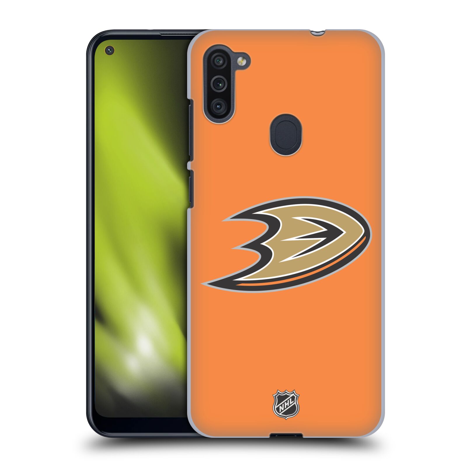 Pouzdro na mobil Samsung Galaxy M11 - HEAD CASE - Hokej NHL - Anaheim Ducks - Oranžové pozadí