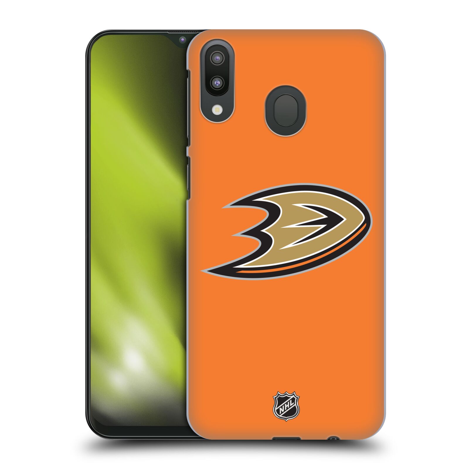 Pouzdro na mobil Samsung Galaxy M20 - HEAD CASE - Hokej NHL - Anaheim Ducks - Oranžové pozadí