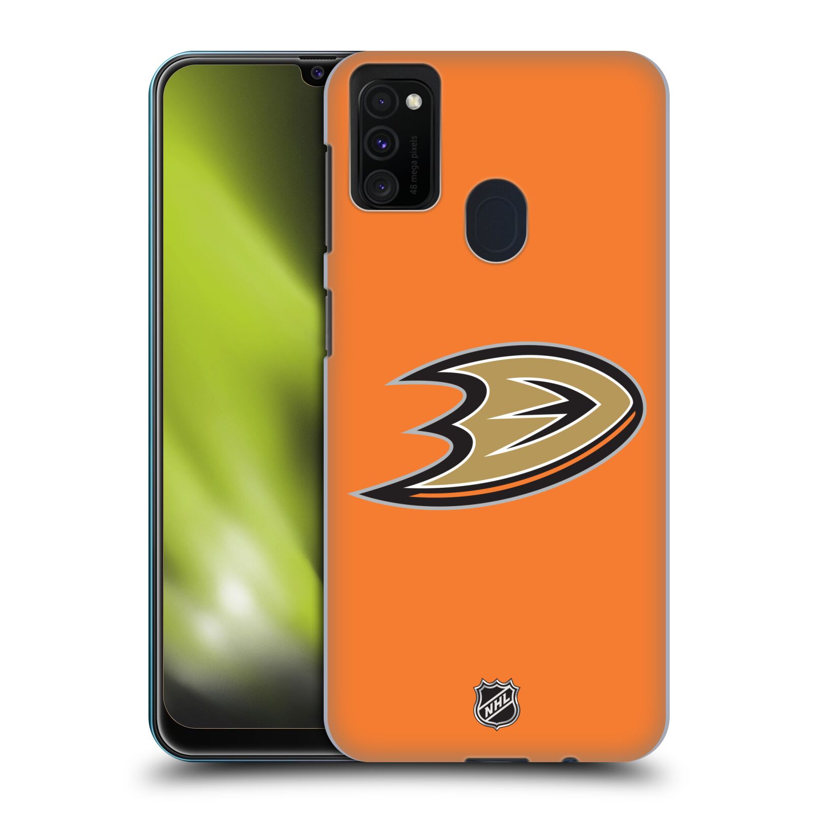 Pouzdro na mobil Samsung Galaxy M21 - HEAD CASE - Hokej NHL - Anaheim Ducks - Oranžové pozadí