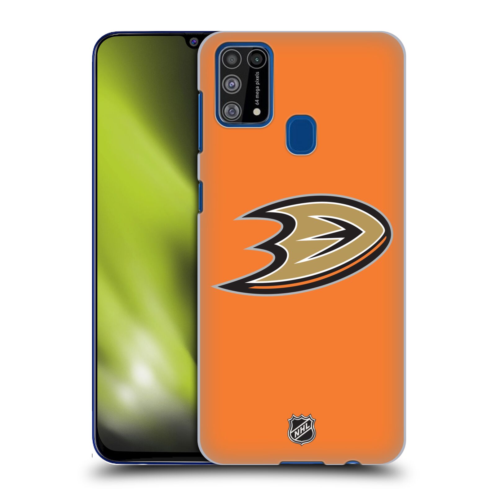 Pouzdro na mobil Samsung Galaxy M31 - HEAD CASE - Hokej NHL - Anaheim Ducks - Oranžové pozadí