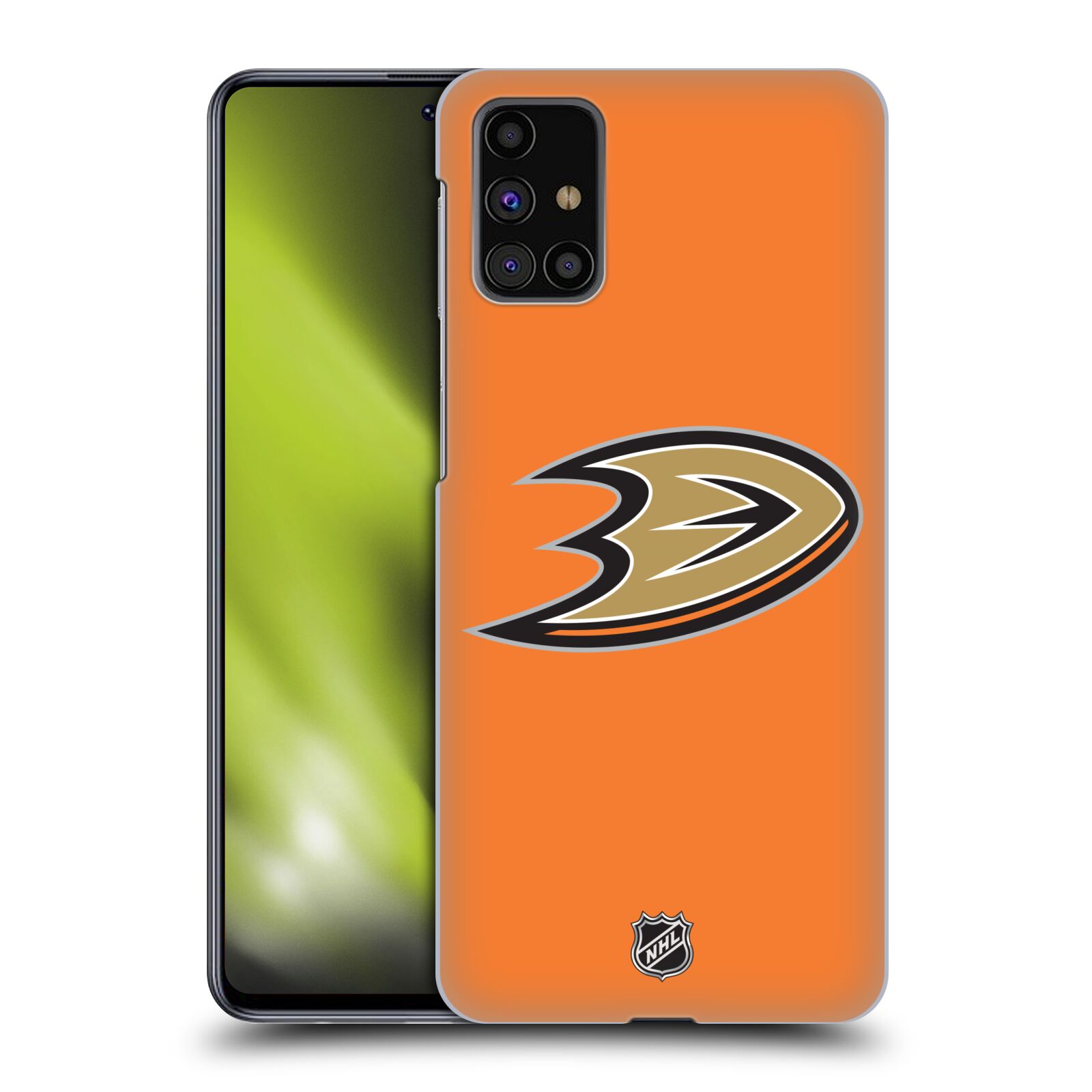 Pouzdro na mobil Samsung Galaxy M31s - HEAD CASE - Hokej NHL - Anaheim Ducks - Oranžové pozadí