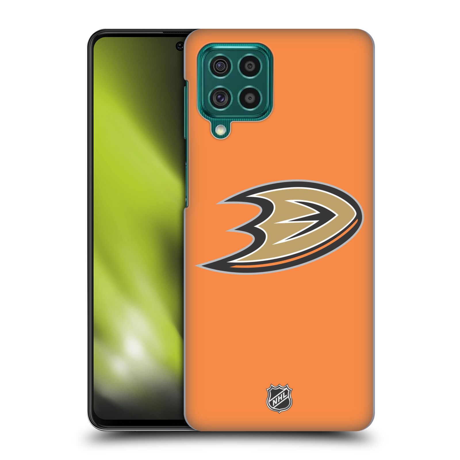 Pouzdro na mobil Samsung Galaxy M62 - HEAD CASE - Hokej NHL - Anaheim Ducks - Oranžové pozadí
