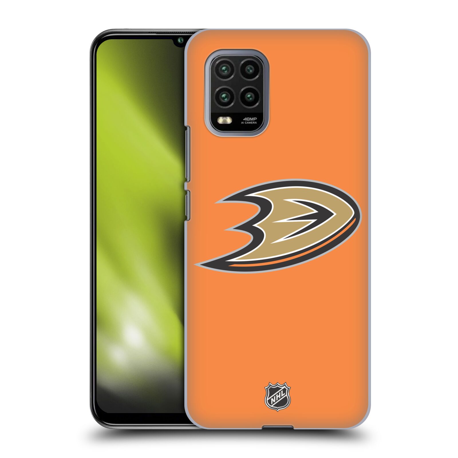 Pouzdro na mobil Xiaomi  Mi 10 LITE / Mi 10 LITE 5G - HEAD CASE - Hokej NHL - Anaheim Ducks - Oranžové pozadí