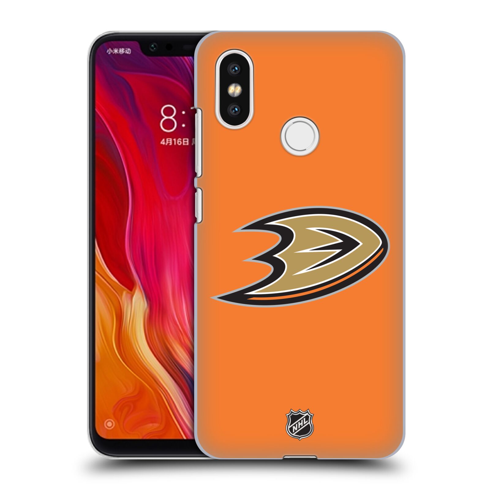 Pouzdro na mobil Xiaomi  Mi 8 - HEAD CASE - Hokej NHL - Anaheim Ducks - Oranžové pozadí