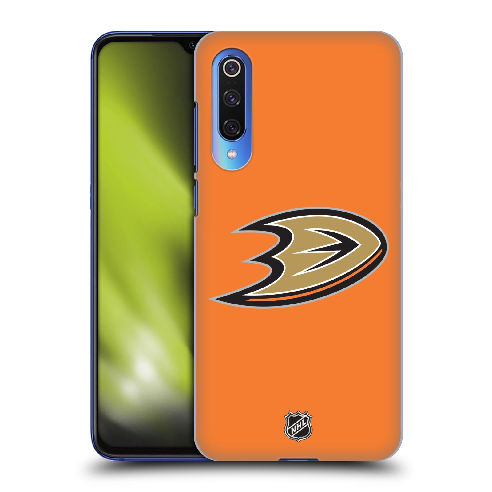 Pouzdro na mobil Xiaomi  Mi 9 SE - HEAD CASE - Hokej NHL - Anaheim Ducks - Oranžové pozadí