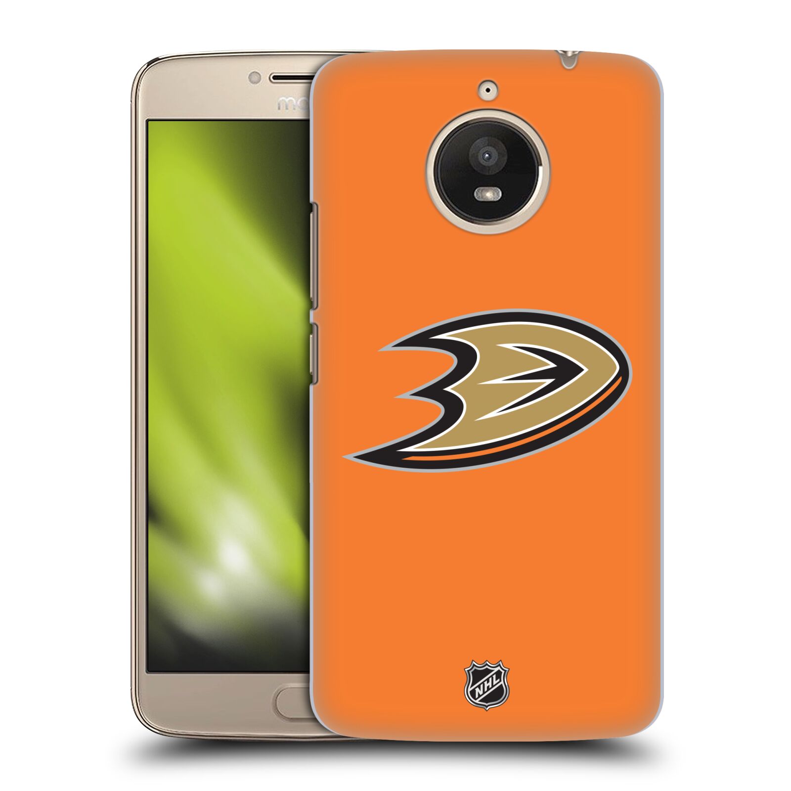 Pouzdro na mobil Lenovo Moto E4 PLUS - HEAD CASE - Hokej NHL - Anaheim Ducks - Oranžové pozadí