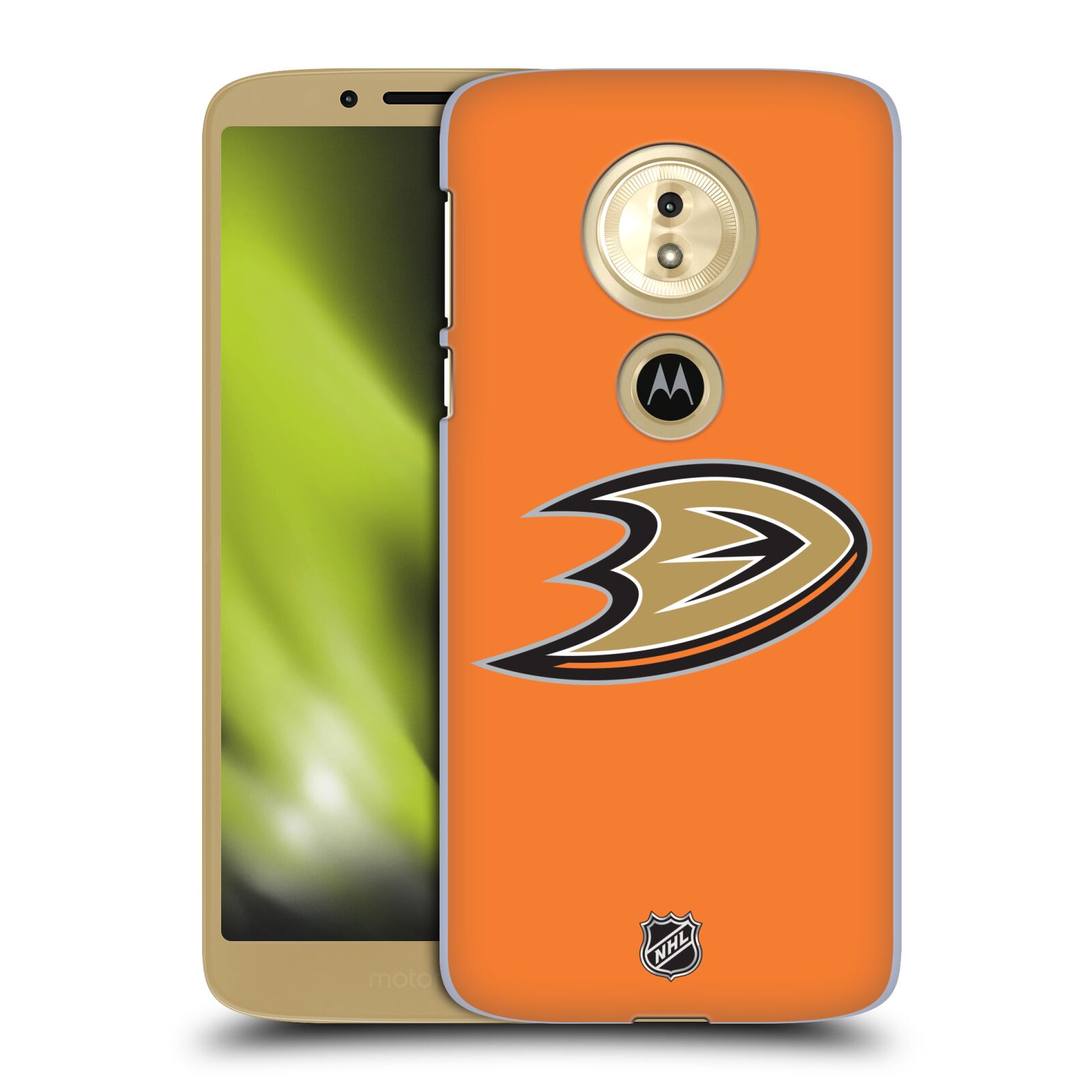 Pouzdro na mobil Motorola Moto E5 - HEAD CASE - Hokej NHL - Anaheim Ducks - Oranžové pozadí